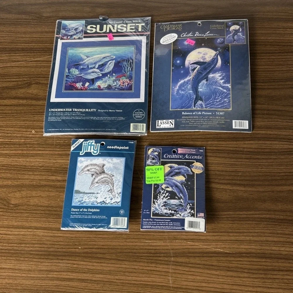 Dolphin Cross Stitch Kit Lot Sunset Charles Wysocki Lassen Jiffy Ocean NOS (4)